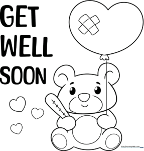 Black and white line art of a Get Well Soon greeting card featuring bold, friendly lettering and decorative elements ready for coloring.