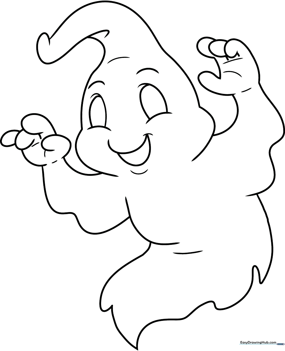 A friendly cartoon ghost with large, expressive eyes and a simple, rounded body shape, perfect for children to color with crayons or markers.