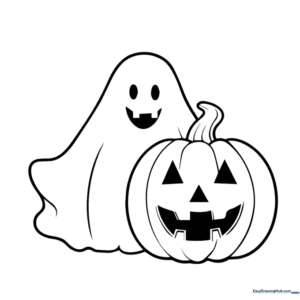 A friendly cartoon ghost hovering next to a round pumpkin, featuring bold outlines for easy coloring by children.