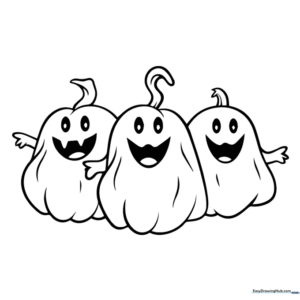 Black and white line art of two smiling pumpkins wearing ghost sheets, featuring bold outlines for easy coloring by children.