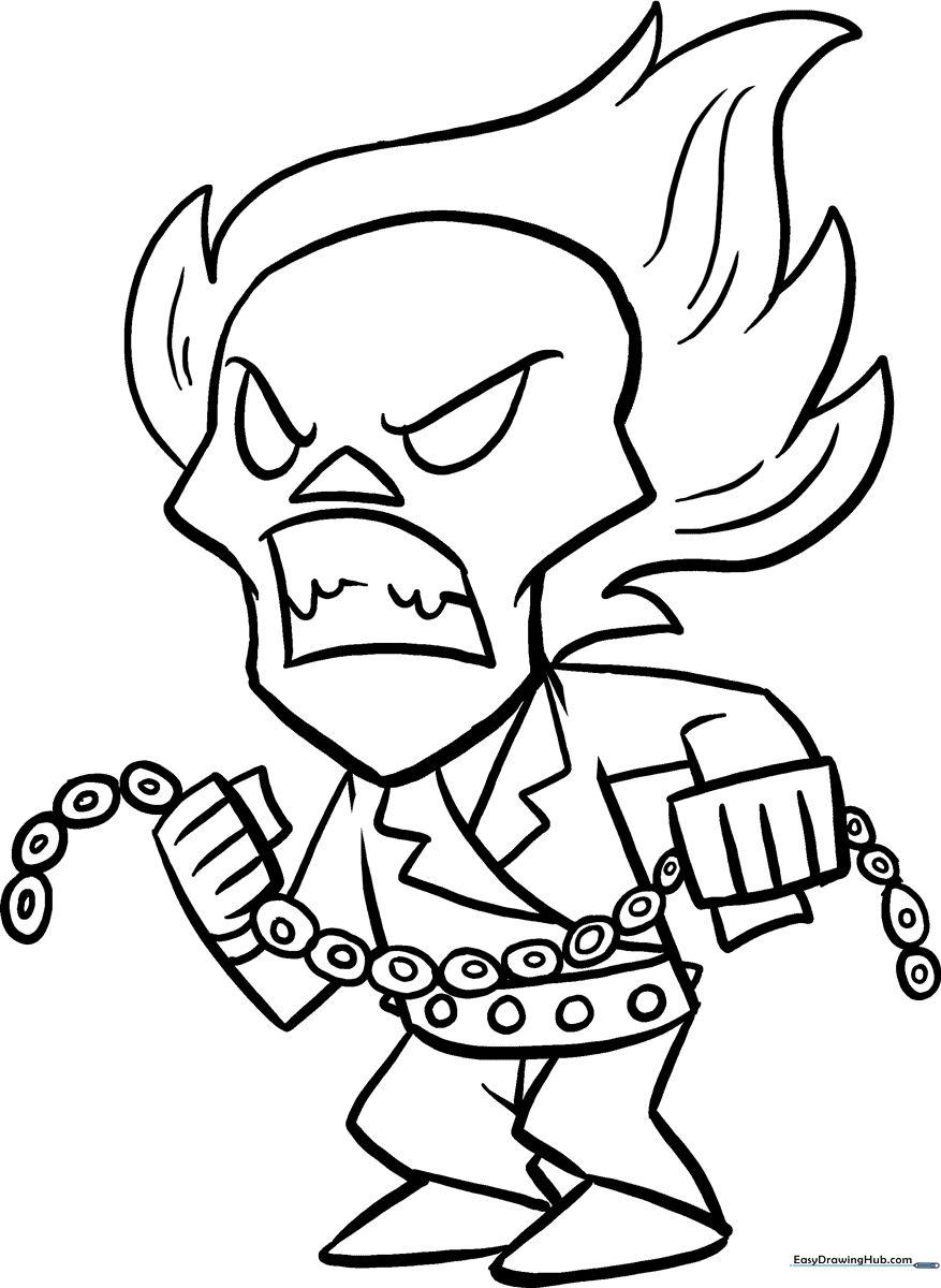 Detailed line art of Ghost Rider featuring his flaming skull and leather jacket, ready for coloring with markers or pencils.