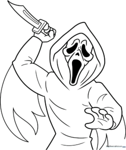Black and white line art of Ghostface character with bold outlines, optimized for children to color with markers or crayons.