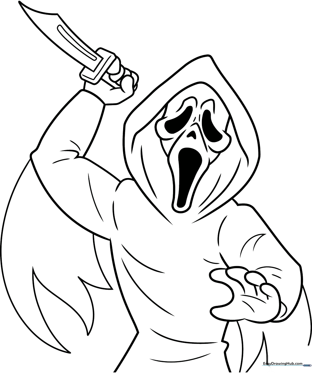 Black and white line art of Ghostface character with bold outlines, optimized for children to color with markers or crayons.