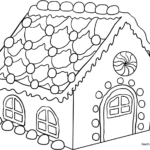 Black and white line art of a gingerbread house with candy decorations, gumdrops, and icing details, ready for coloring.