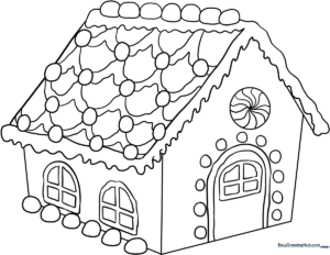 Black and white line art of a gingerbread house with candy decorations, gumdrops, and icing details, ready for coloring.