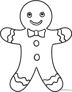A friendly gingerbread man character with icing details, gumdrop buttons, and a smiling face, outlined in bold black lines for easy coloring.