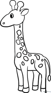 A clean, black-and-white line art illustration of a friendly giraffe, featuring large expressive eyes and distinct spots, ready for children to color.