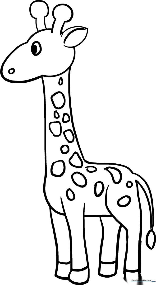 A clean, black-and-white line art illustration of a friendly giraffe, featuring large expressive eyes and distinct spots, ready for children to color.