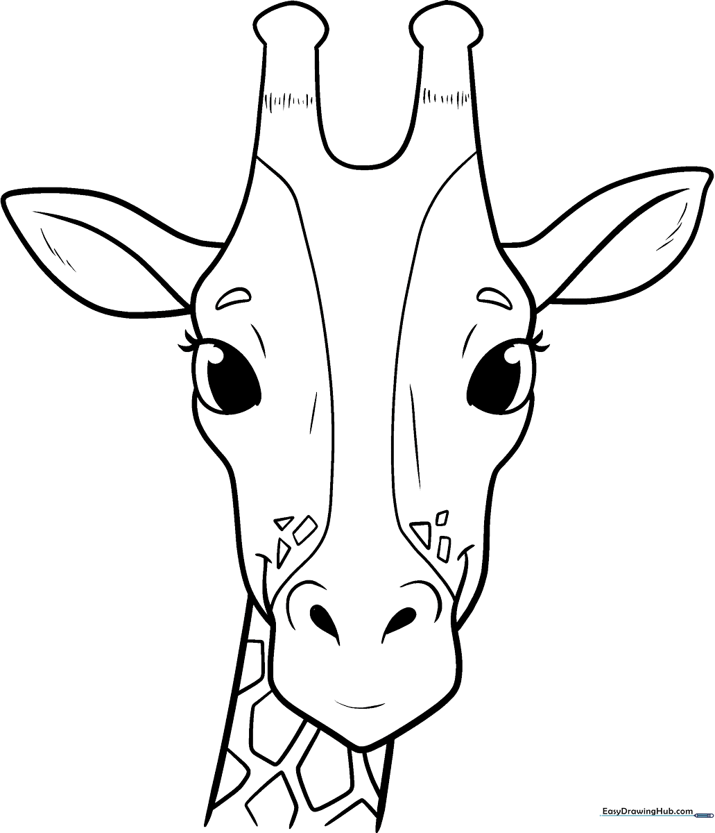Black and white line art of a cute giraffe head with large eyes and distinct spots, designed for children to color.