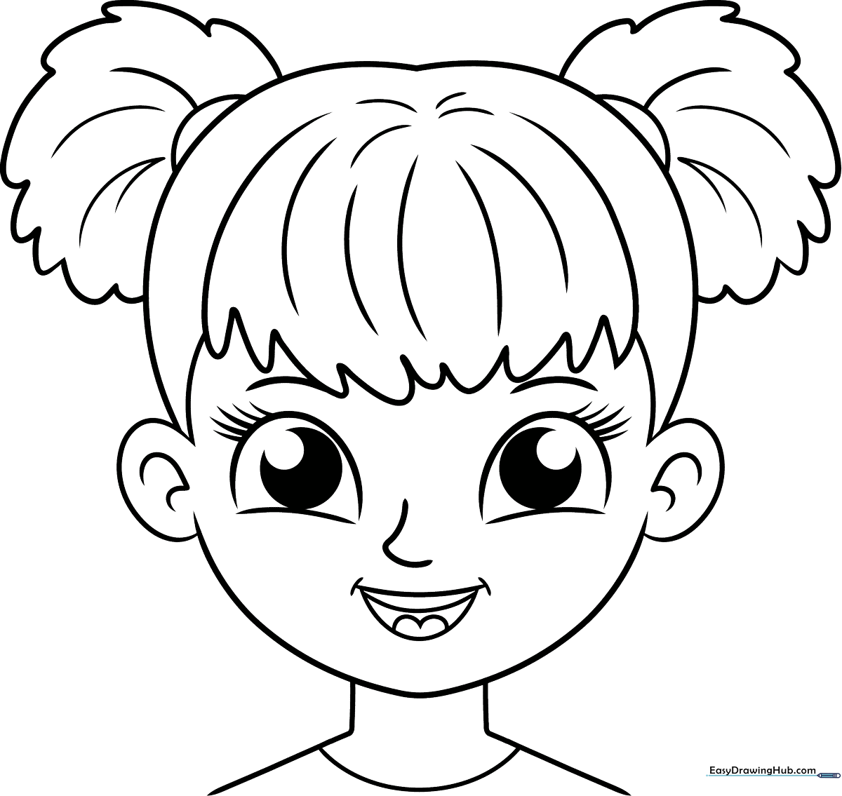 Black and white line art of a friendly girl's face with large expressive eyes, suitable for children's coloring activities.