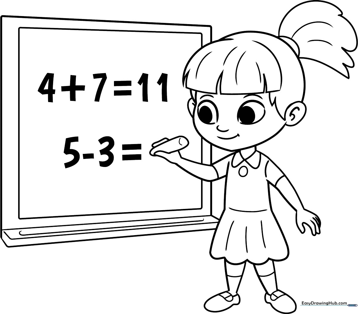 Cartoon girl sitting at a desk with a pencil and notebook, solving math problems on a chalkboard background for coloring.