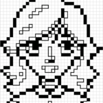 A printable pixel art coloring sheet featuring a stylized girl character composed of square grid blocks, ready for kids to color.