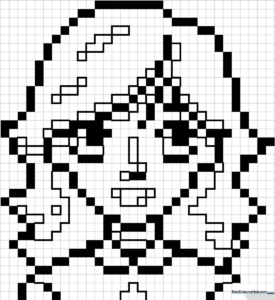 A printable pixel art coloring sheet featuring a stylized girl character composed of square grid blocks, ready for kids to color.