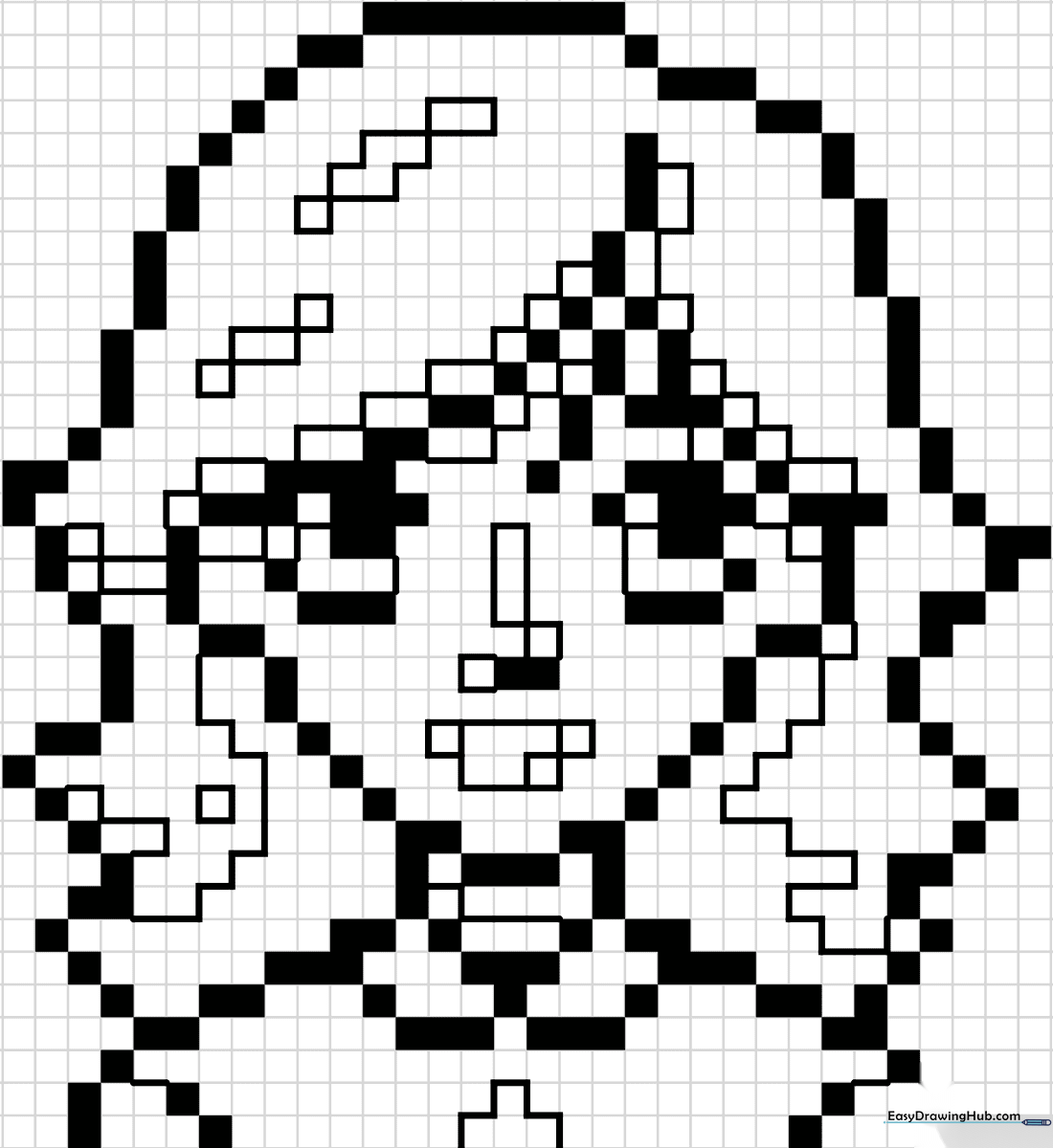 A printable pixel art coloring sheet featuring a stylized girl character composed of square grid blocks, ready for kids to color.
