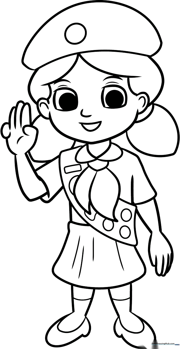 A clean, black-and-white line art illustration of a Girl Scout in uniform, featuring clear outlines perfect for children to color with markers or crayons.