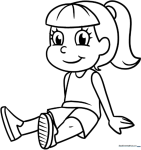 Black and white line art of a girl sitting with knees tucked, featuring clear outlines for easy coloring by young children.