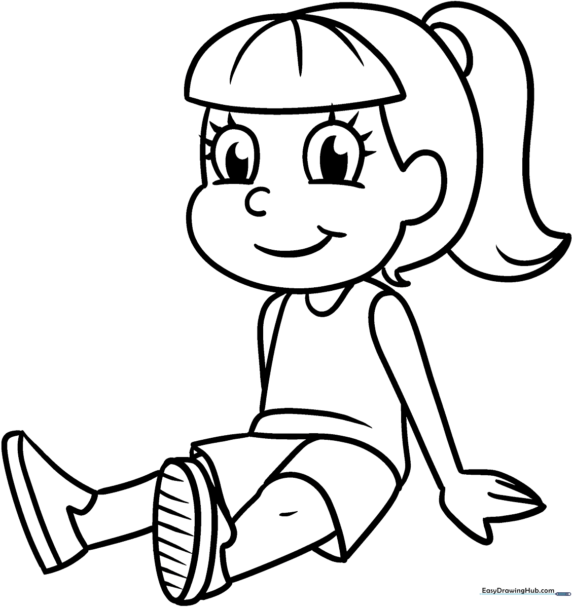 Black and white line art of a girl sitting with knees tucked, featuring clear outlines for easy coloring by young children.