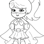 Line art of a young girl superhero wearing a cape and mask, designed for children to color with markers or crayons.