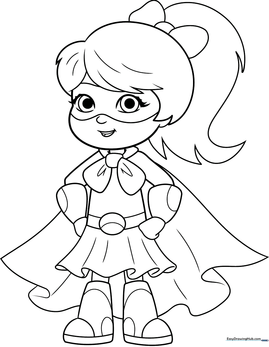 Line art of a young girl superhero wearing a cape and mask, designed for children to color with markers or crayons.