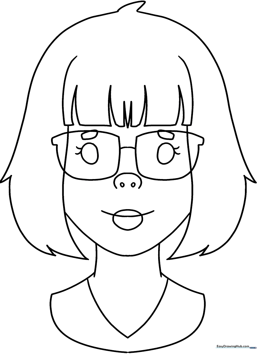 Black and white line art of a girl wearing stylish glasses, featuring clear outlines for easy coloring by children.