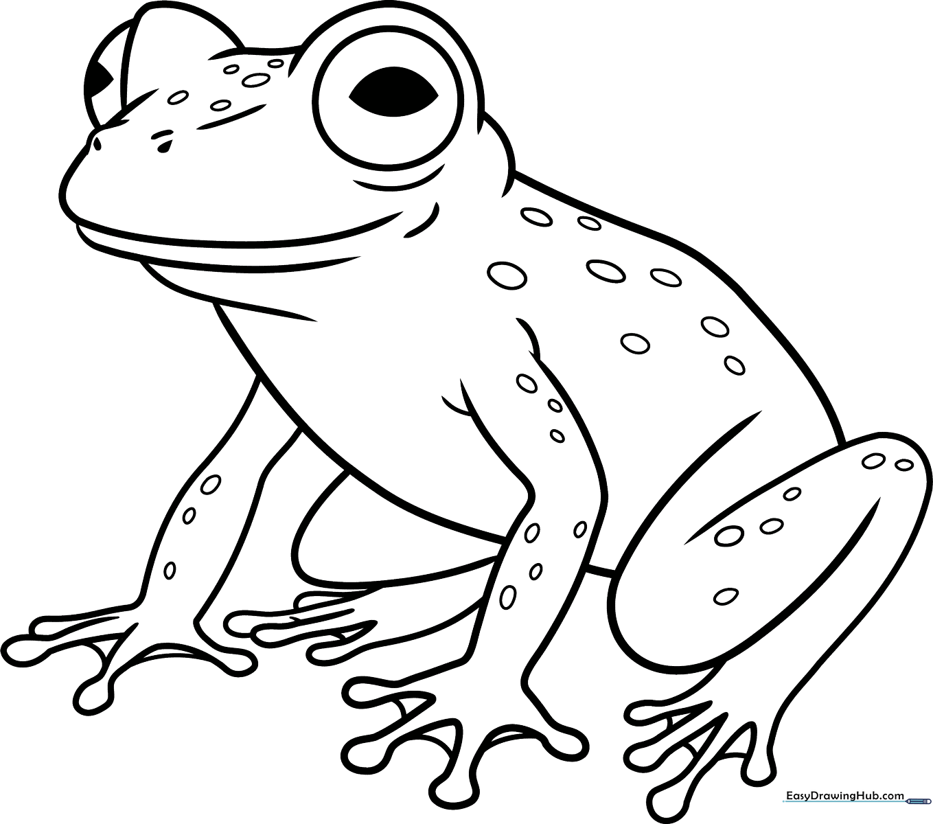 A clean, black-and-white line art illustration of a friendly glass frog with large eyes, ideal for children to color with markers or crayons.