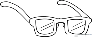 Black and white line art of classic round-frame glasses on a white background, designed for children to color.