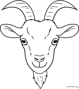 A clean, black-and-white line art illustration of a cute goat face with large eyes and distinct horns, ready for children to color.
