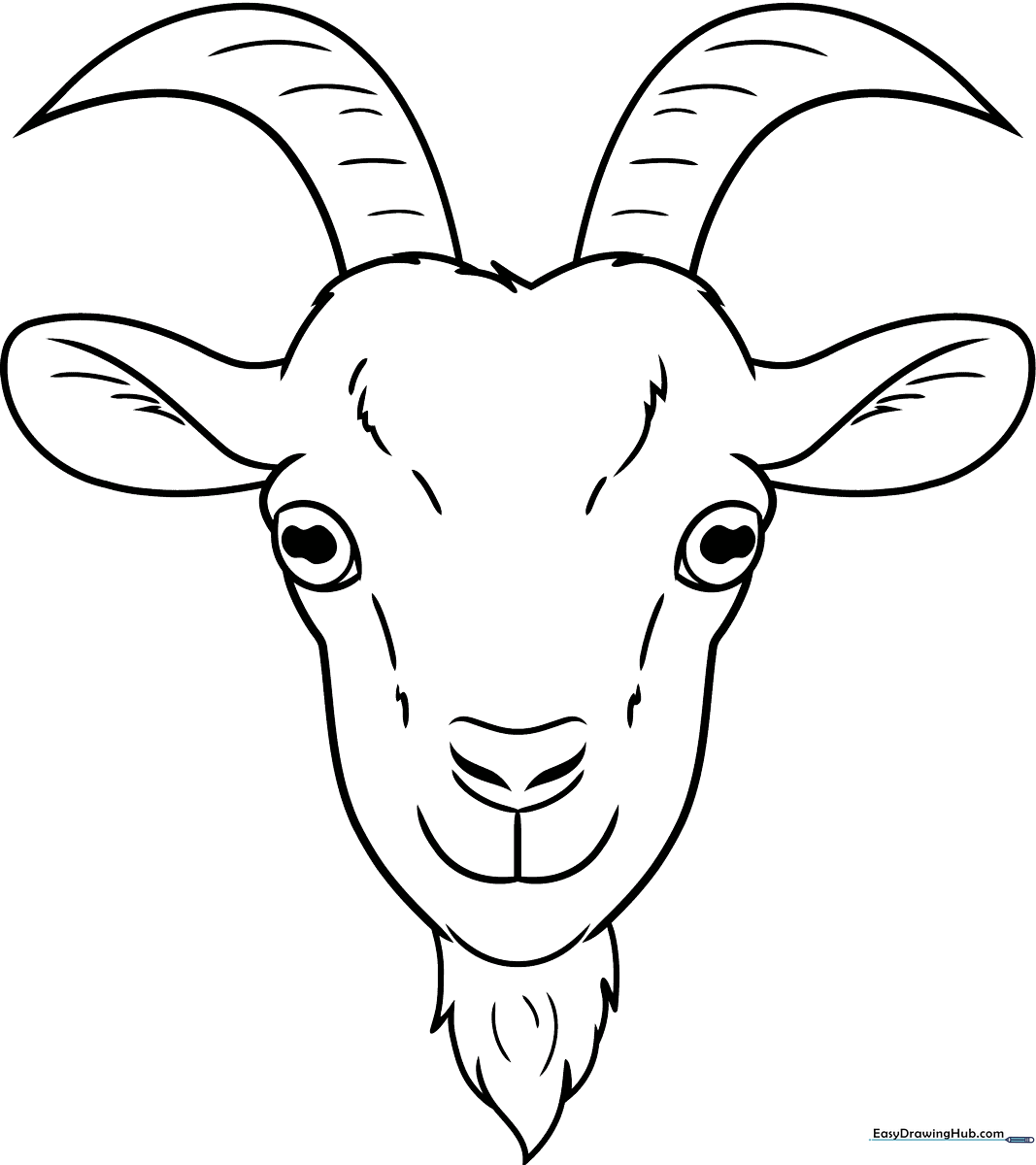 A clean, black-and-white line art illustration of a cute goat face with large eyes and distinct horns, ready for children to color.