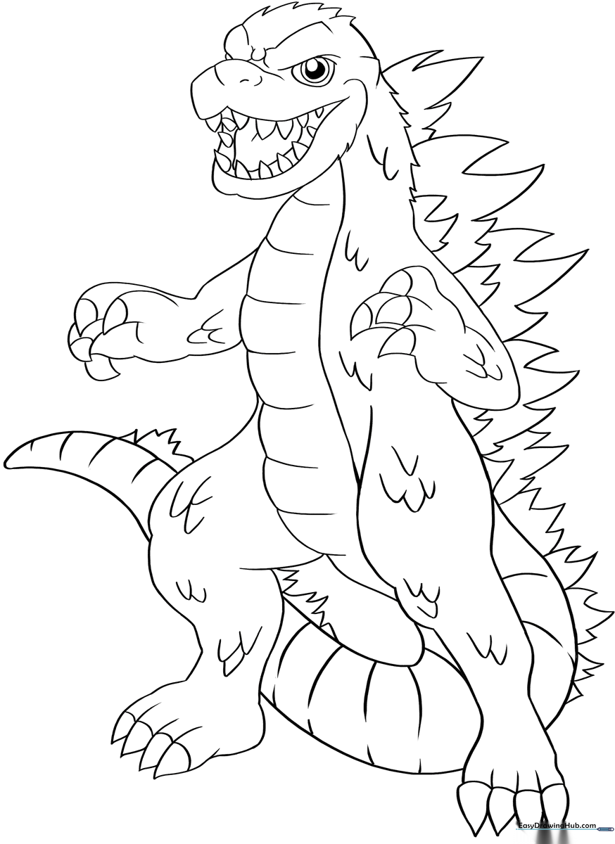 Black and white line art of Godzilla standing in a classic pose, featuring clear outlines for easy coloring and detailed dorsal fins.