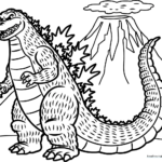Black and white line art of Godzilla standing in front of an erupting volcano, featuring clear outlines for children to color.