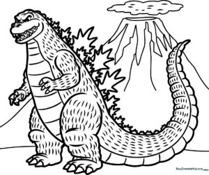 Black and white line art of Godzilla standing in front of an erupting volcano, featuring clear outlines for children to color.