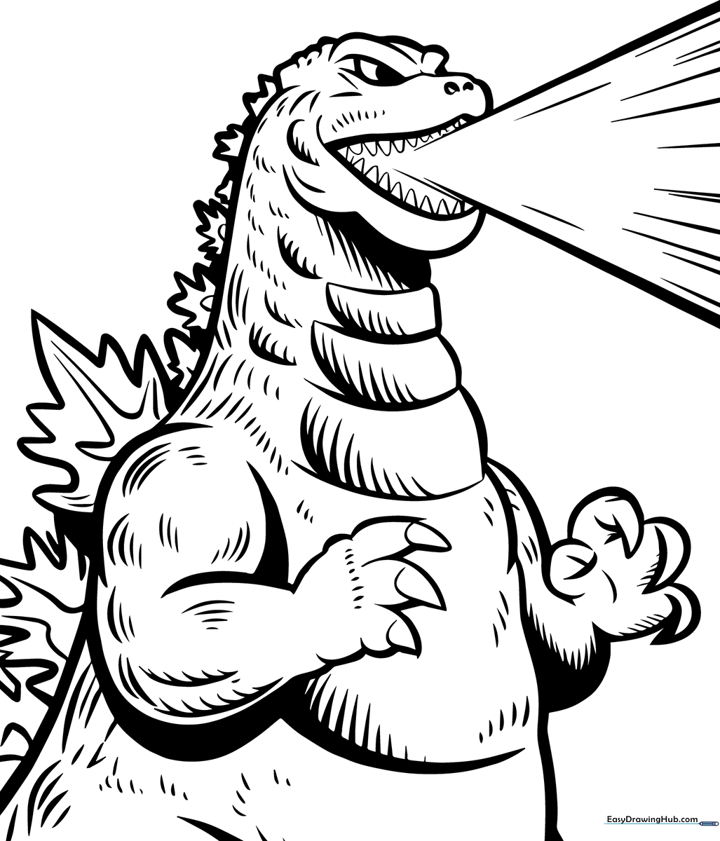 Line art illustration of Godzilla roaring with a powerful atomic breath energy beam, featuring sharp dorsal fins and textured scales for coloring.
