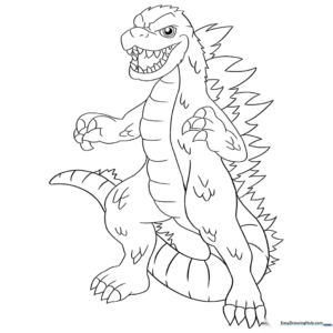 Godzilla standing in a classic upright pose, ready for coloring with detailed scales and dorsal fins.