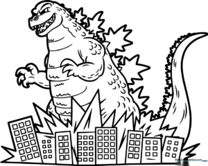 Detailed line art of Godzilla towering over a city skyline with buildings and smoke, designed for children to color.