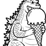 Black and white line art of a friendly Godzilla holding a large ice cream cone, featuring bold outlines for easy coloring by children.