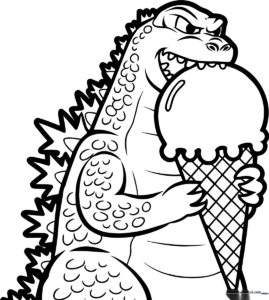Black and white line art of a friendly Godzilla holding a large ice cream cone, featuring bold outlines for easy coloring by children.