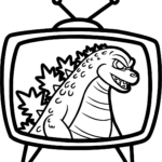 Detailed coloring page showing Godzilla appearing on a vintage television screen, featuring bold outlines for easy coloring by children.