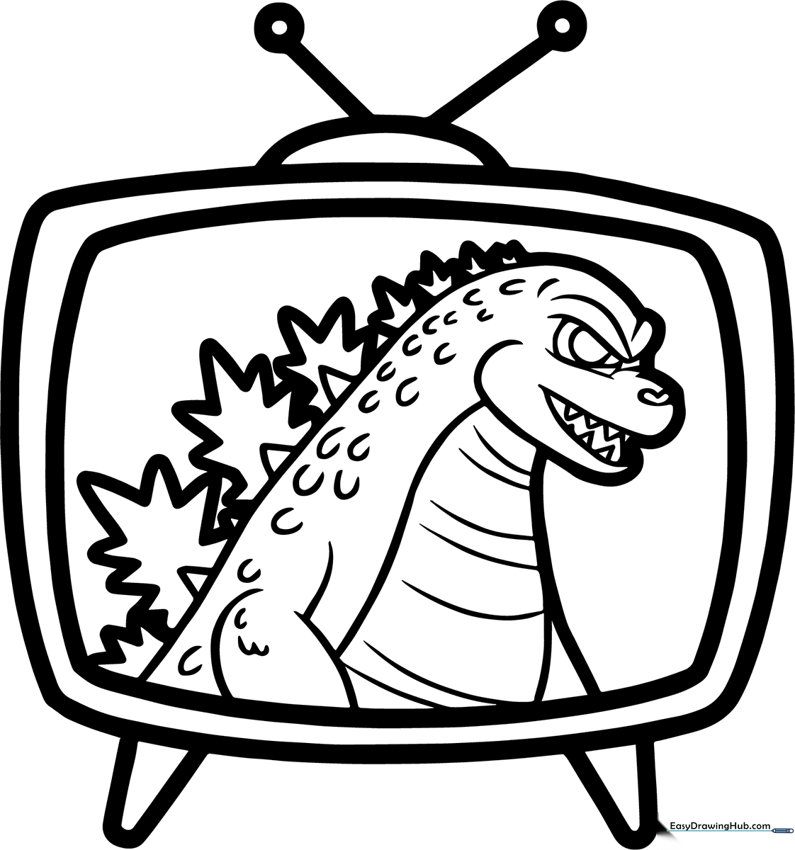 Detailed coloring page showing Godzilla appearing on a vintage television screen, featuring bold outlines for easy coloring by children.