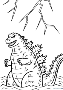 Black and white line art of Godzilla emerging from ocean waves, featuring detailed scales and dorsal fins for coloring practice.