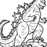 Black and white line art of Godzilla standing over crushed cars, featuring bold outlines for easy coloring and creative detail.