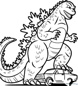 Black and white line art of Godzilla standing over crushed cars, featuring bold outlines for easy coloring and creative detail.