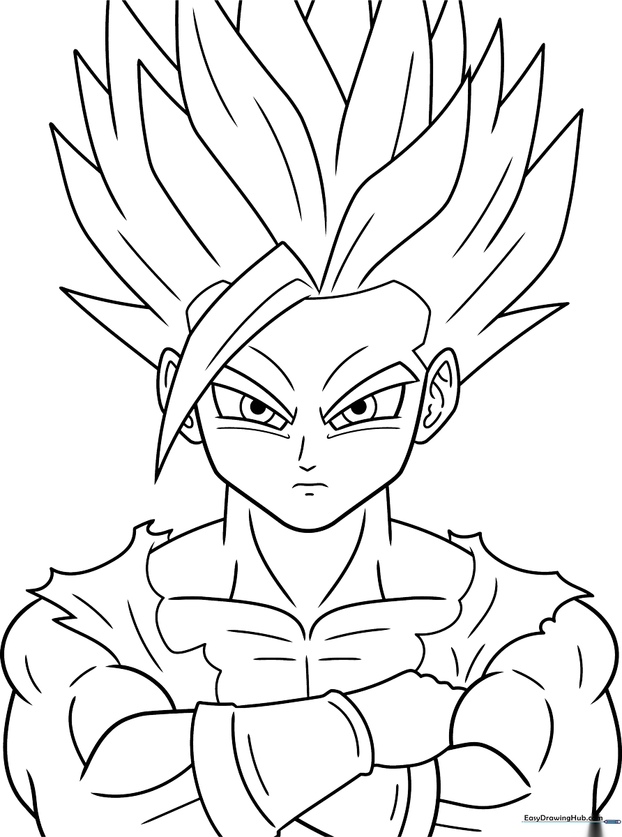 Black and white line art of Gohan from Dragon Ball, featuring clear outlines for easy coloring and character detail.
