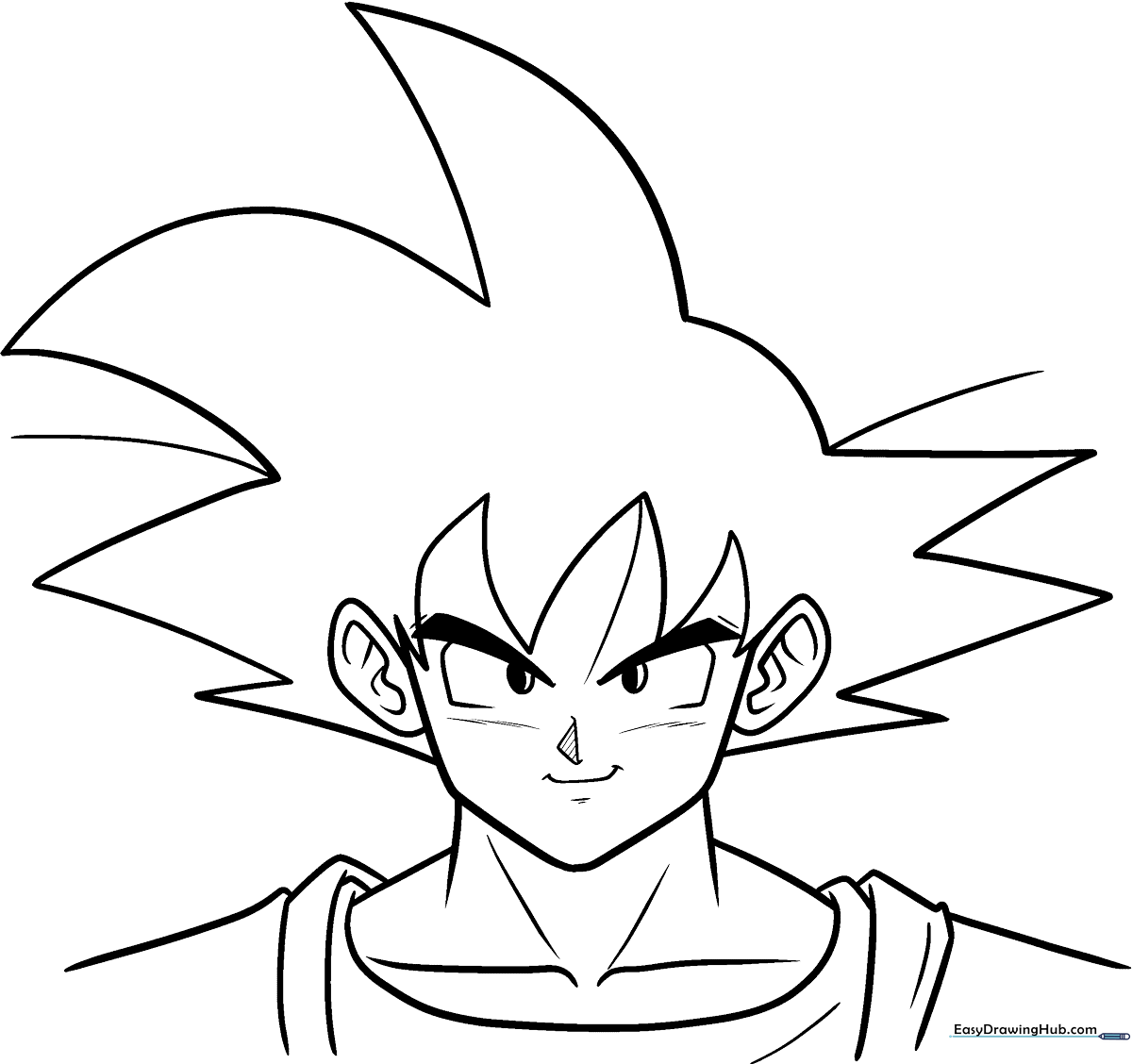 Line art of Goku from Dragon Ball Z featuring clear outlines for coloring, ideal for developing pencil control in young artists.