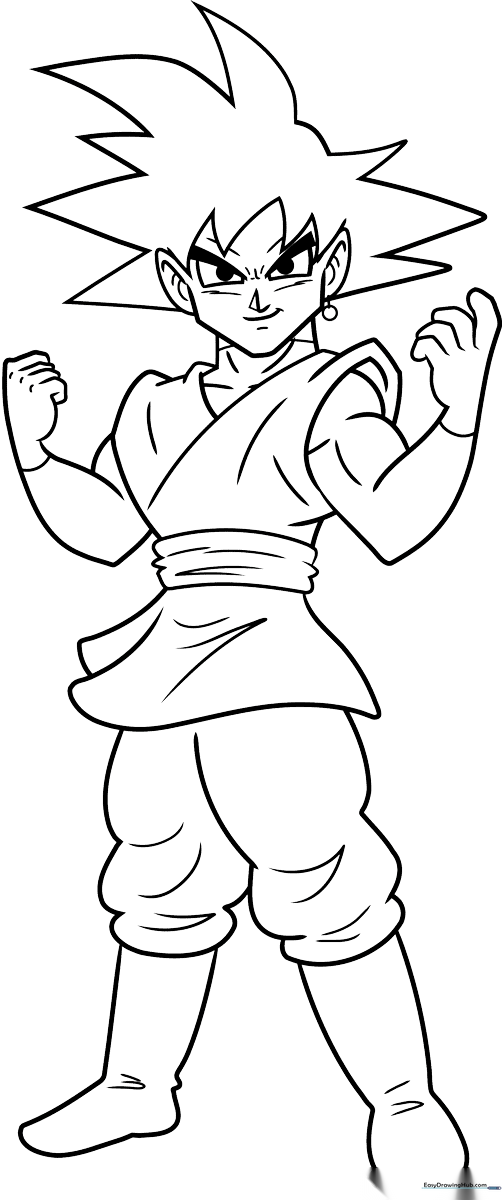 Black and white line art of Goku Black in a dynamic fighting stance, featuring sharp anime-style hair and detailed gi folds for coloring.