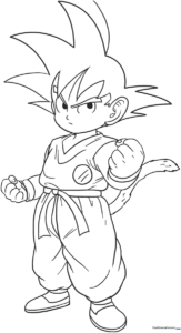 Black and white line art of Goku in a dynamic fighting stance, featuring clean outlines for easy coloring and shading practice.
