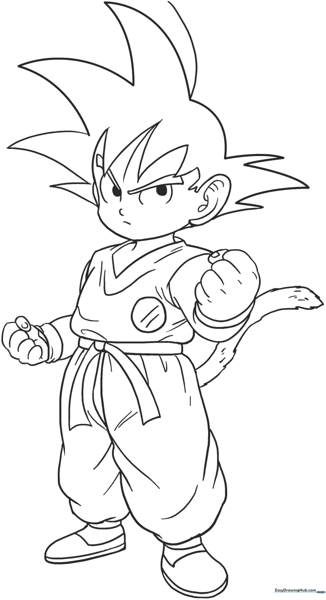 Black and white line art of Goku in a dynamic fighting stance, featuring clean outlines for easy coloring and shading practice.