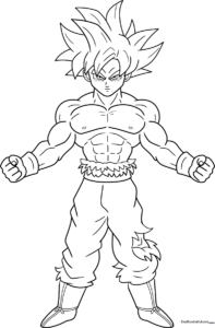 Detailed line art of Goku in his Ultra Instinct stance, featuring his signature spiky hair and battle-worn gi, ready for coloring.