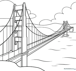 Black and white line art of the Golden Gate Bridge featuring two tall suspension towers and intricate cable details, ready for coloring.
