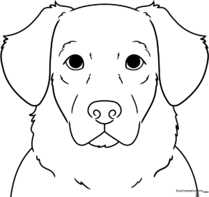 Black and white line art of a friendly Golden Retriever face with floppy ears and a happy expression, ready for coloring.