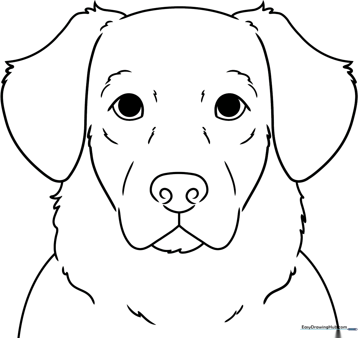 Black and white line art of a friendly Golden Retriever face with floppy ears and a happy expression, ready for coloring.